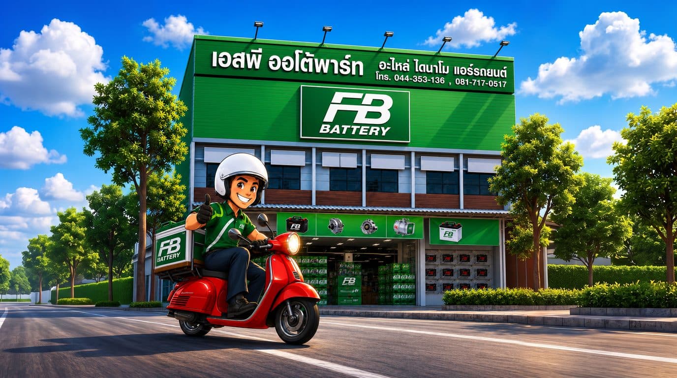 Bright cartoon of a green battery shopfront with a delivery rider setting off on a red scooter