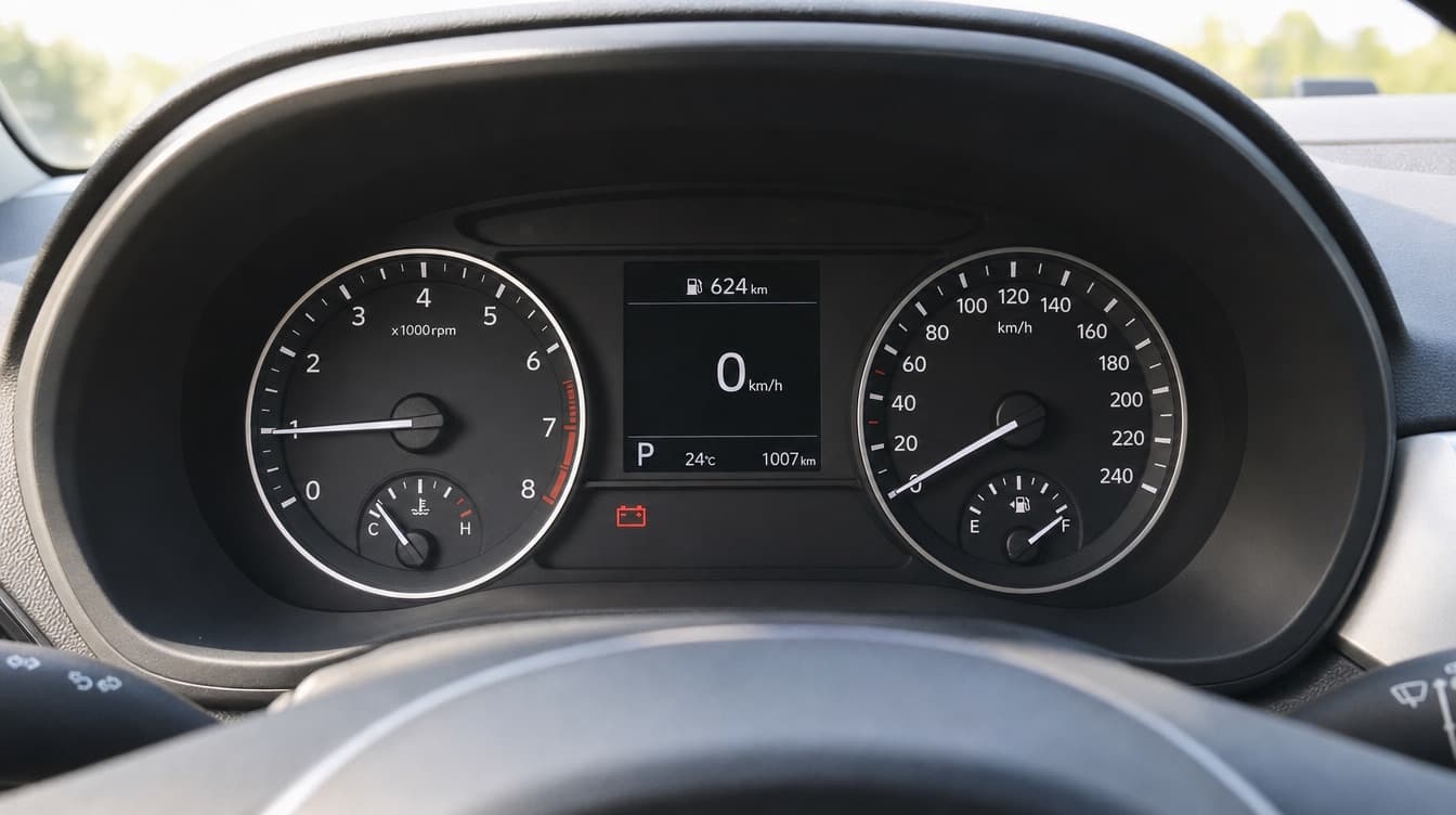 Red battery warning light glowing on a car dashboard