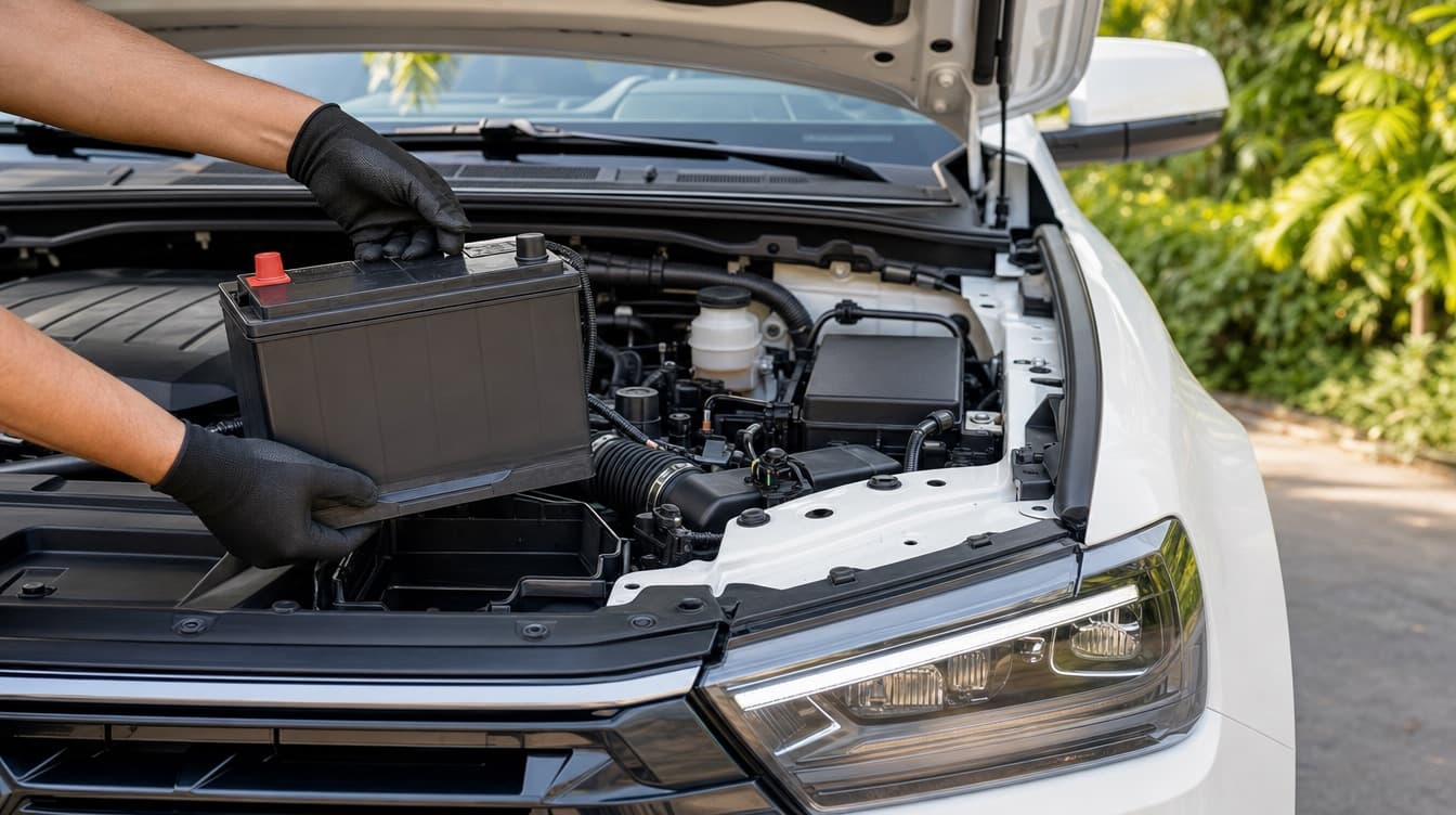 Gloved hands fitting a new battery into a white pickup truck